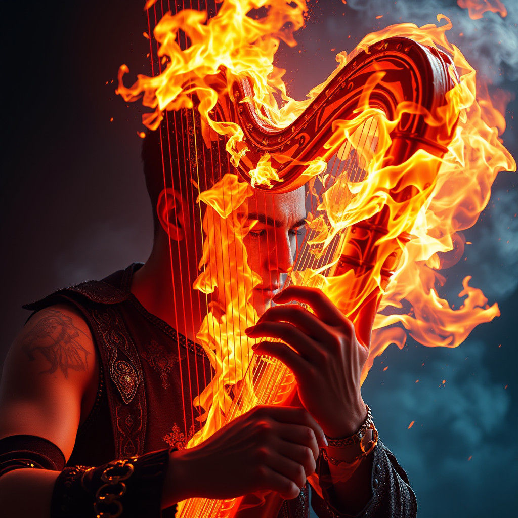Fiery Musician Plays a Fire Harp