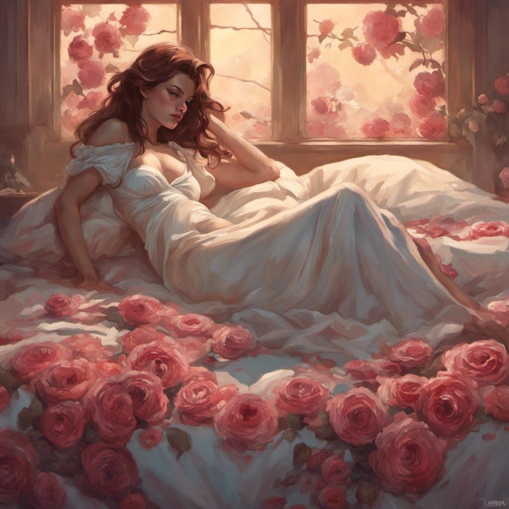 Romantic Woman on Roses in Frazetta Style