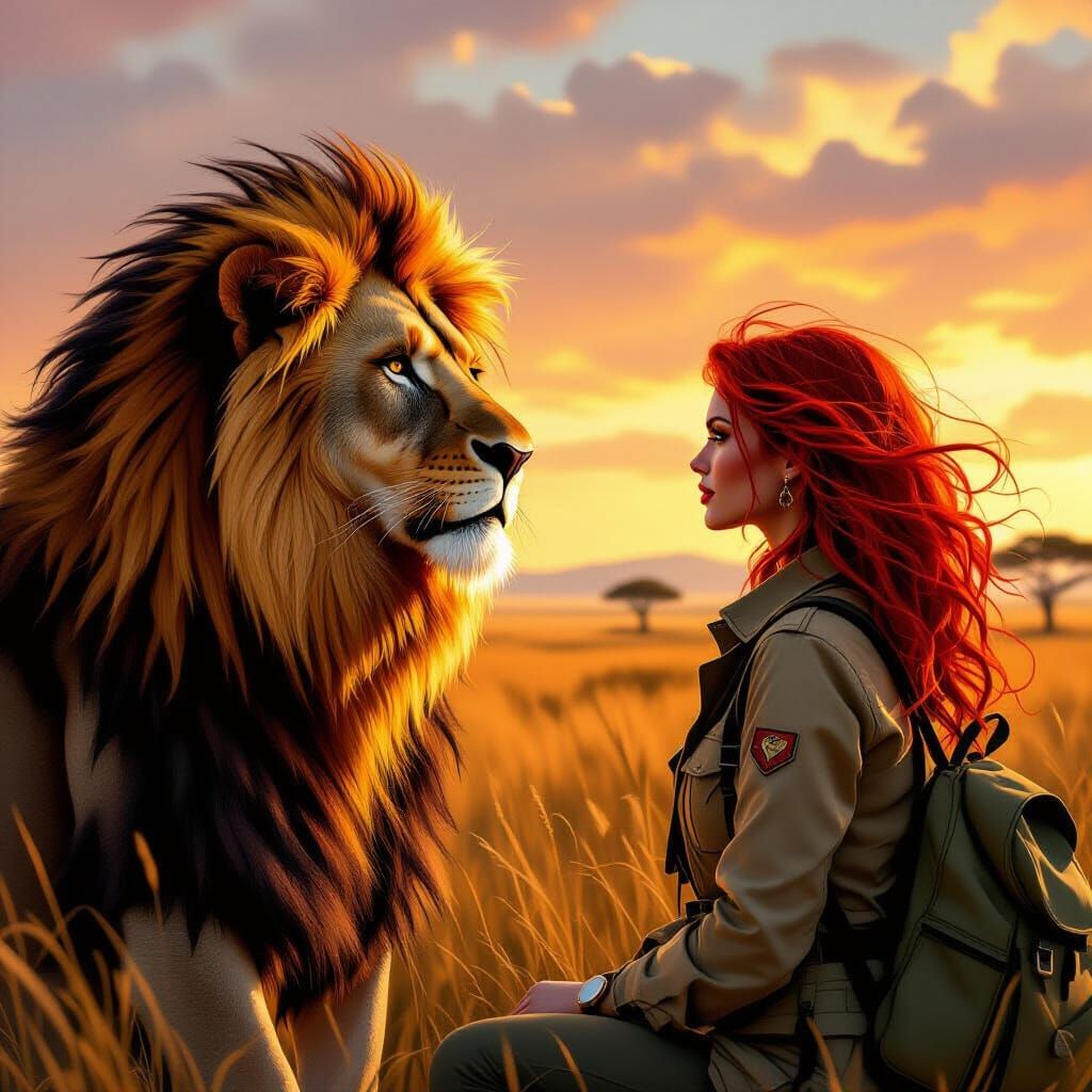 Fiery Lion and Redhead Woman on African Plains