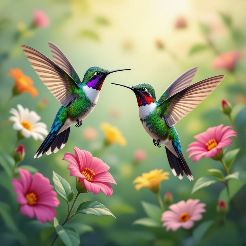 Hummingbirds Hovering Over Exotic Flowers