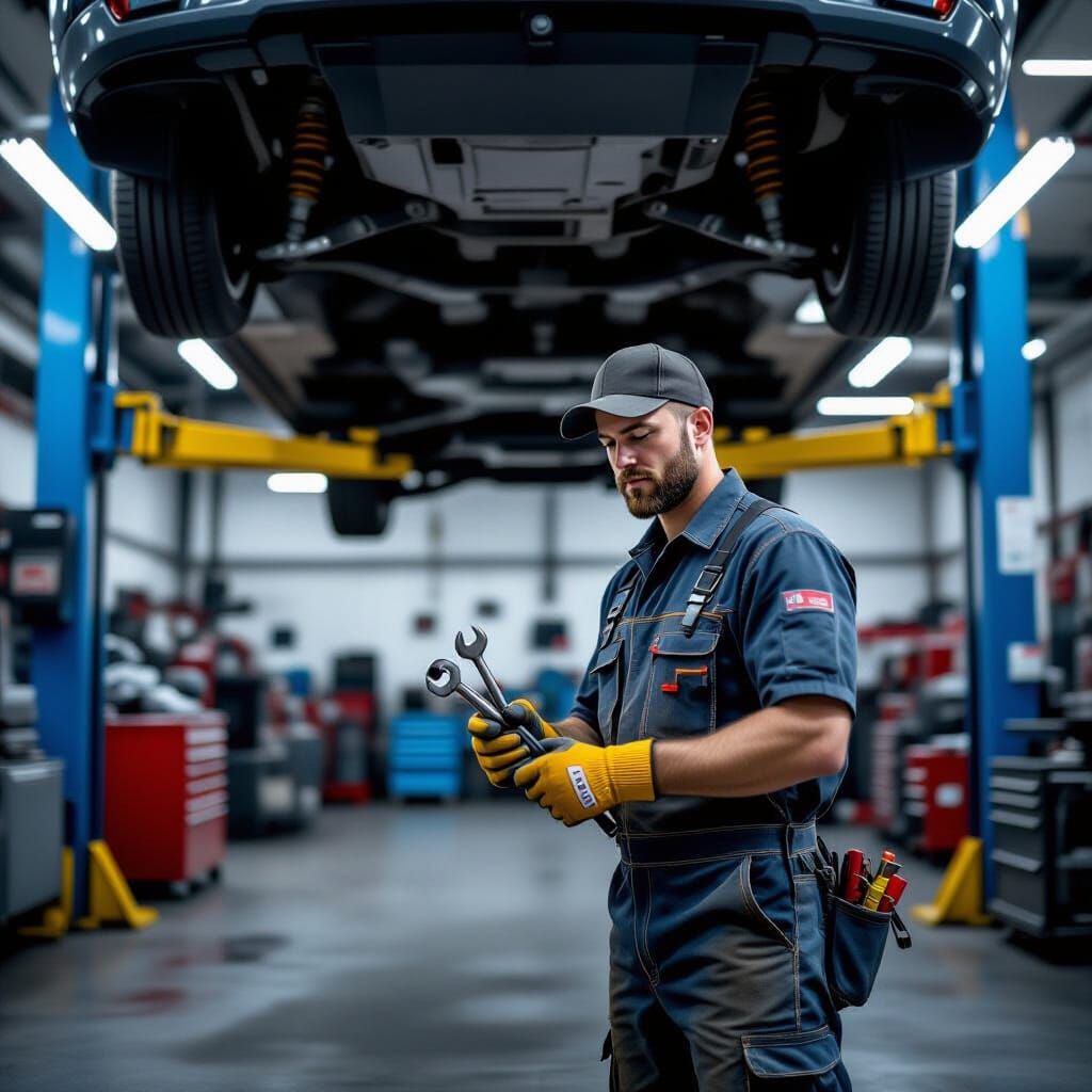 Mechanic Under Car Lift: Photorealistic Industrial Scene