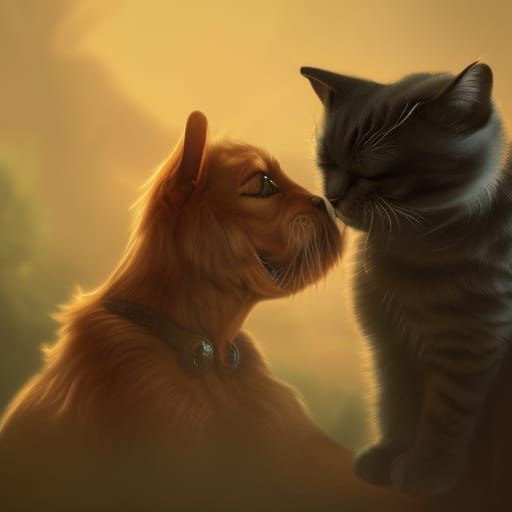 Cat and Dog Hugging in Detailed Matte Painting