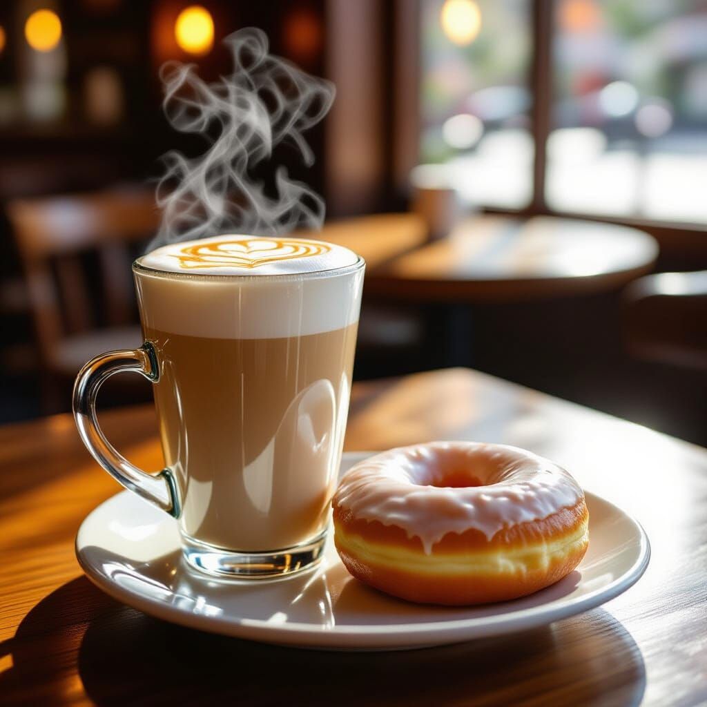 Steaming Latte Macchiato and Frosted Donut in Cozy Cafe