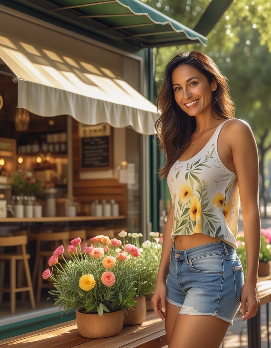 Woman Smiles in Flower-Filled Park: Dreamy Watercolor
