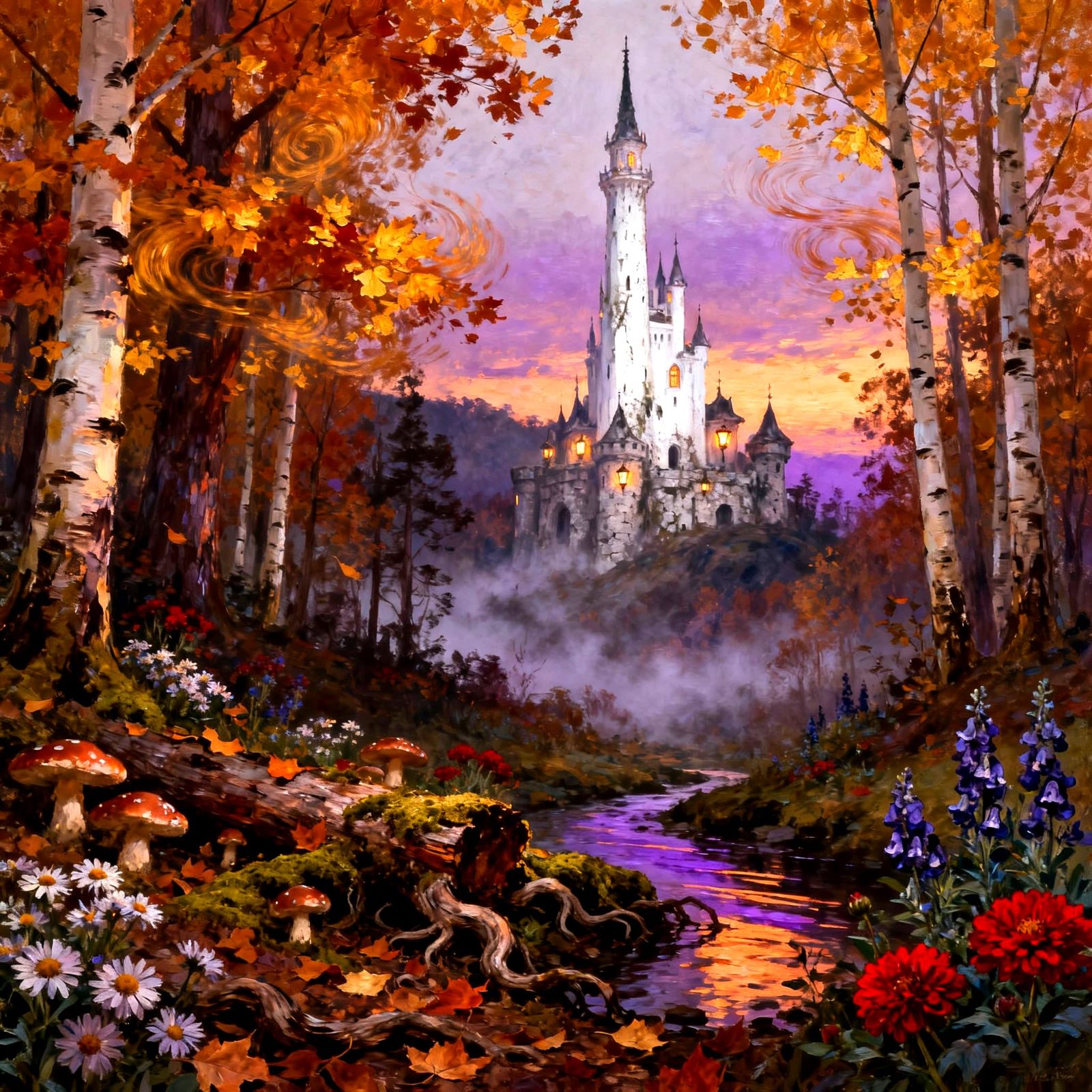 Enchanted Autumn Forest Castle in Neoimpressionist Style