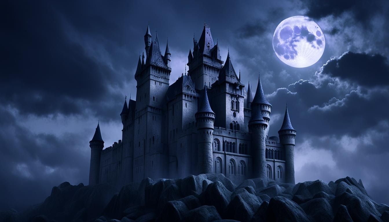 Ominous Gothic Castle Under Moonlight