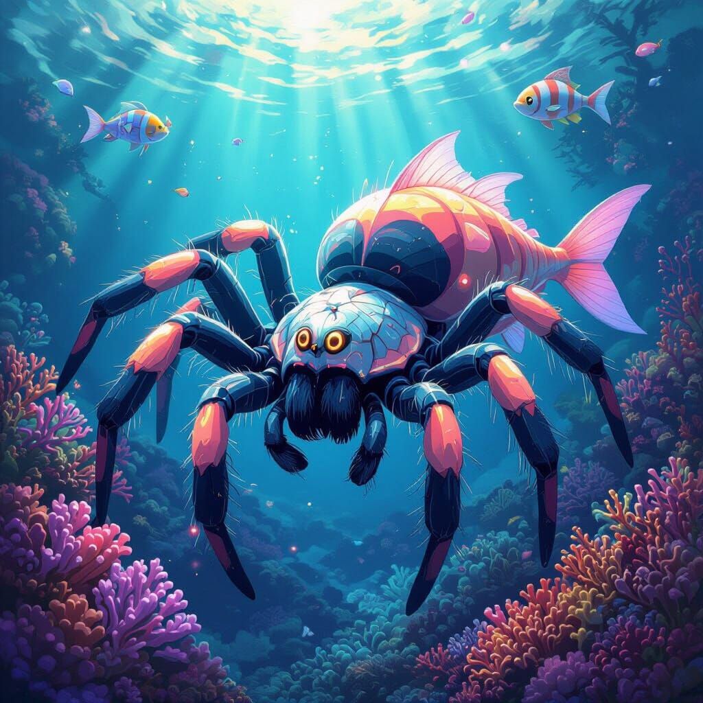 Gigalimax Pokemon Style Tarantula-Fish Hybrid in Coral Reef