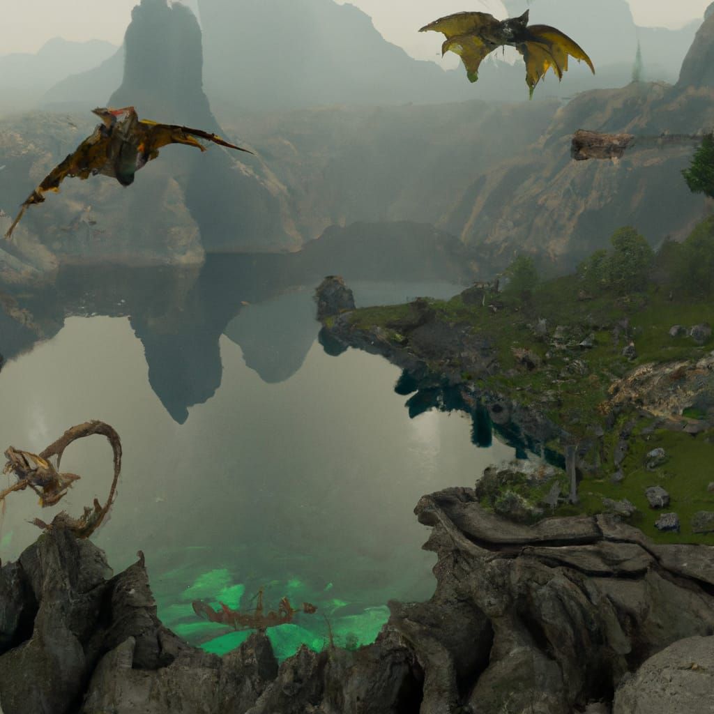 Dragons Fly Over Rocky Lake Landscape