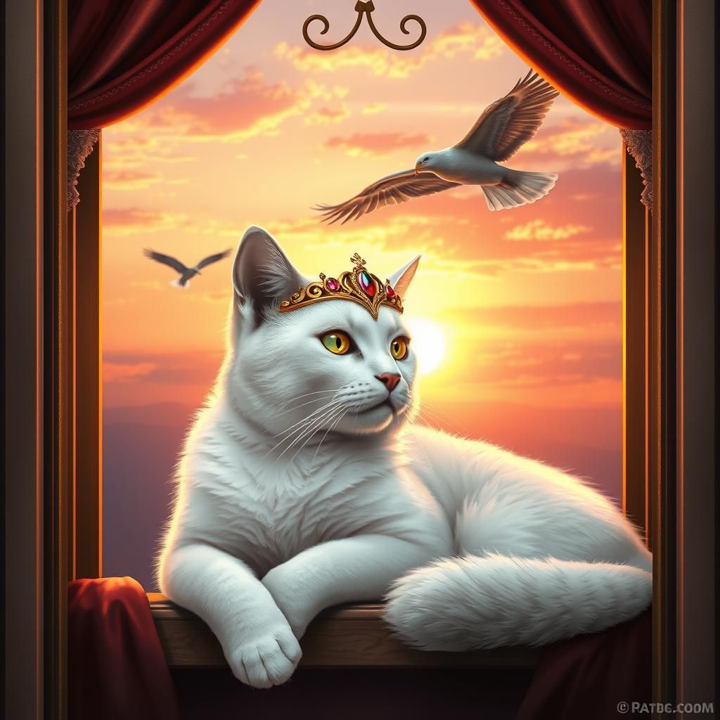 Regal Cat with Gold Diadem in Sunset Window