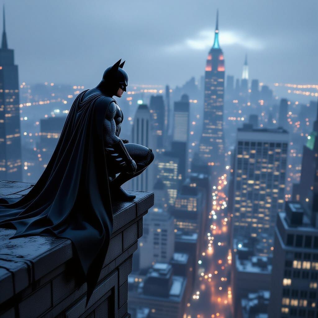 Batman Observes Gotham From a Ledge