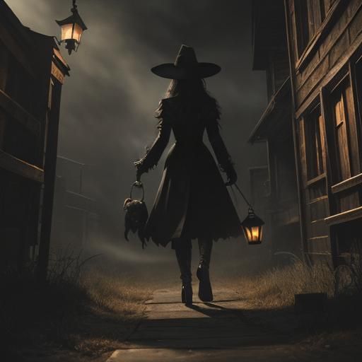 Ominous Witch Beckons with Cat in Dark Cinematic Scene