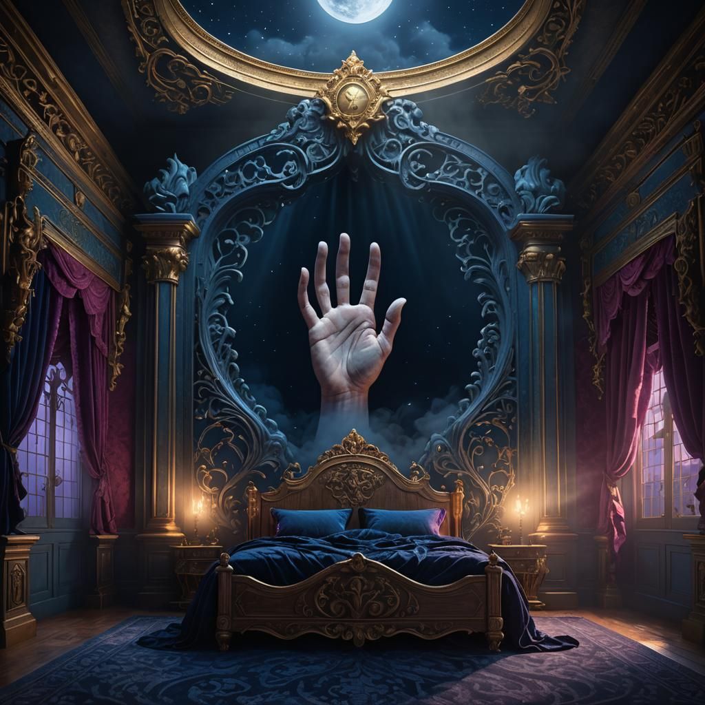 Giant Hand Cradling Antique Bed in Art Nouveau Rococo Style