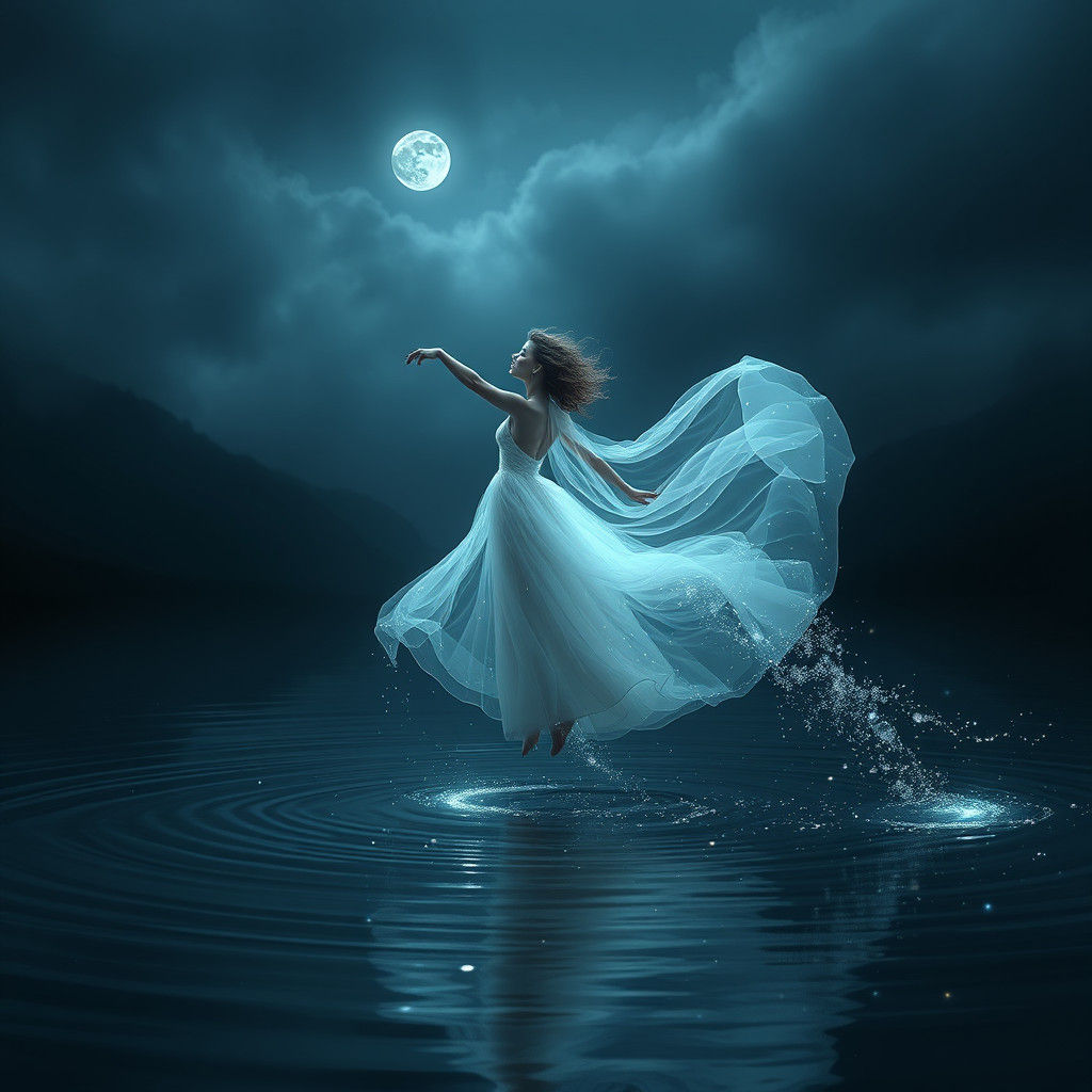 Ethereal Water Spirit Dancing on Mountain Lake