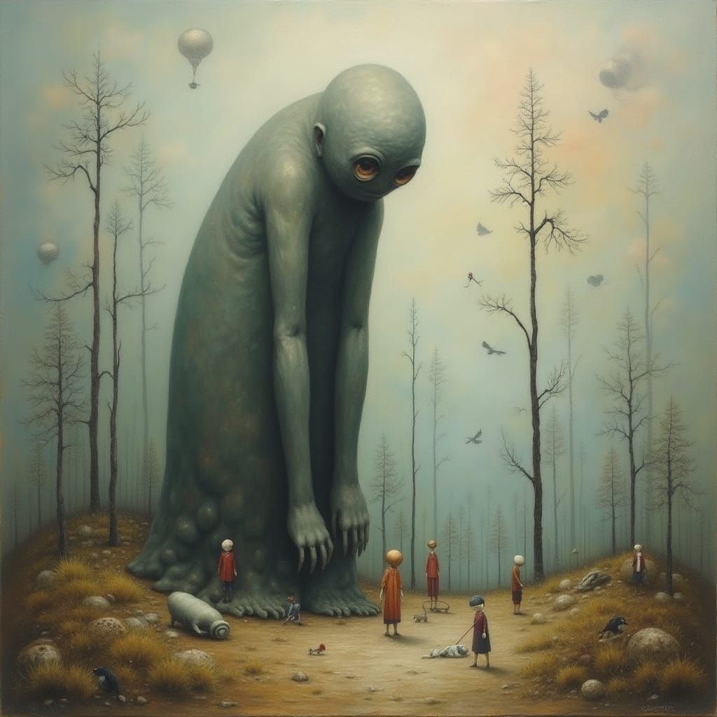 Surreal Melancholic Giant in Dreamlike Landscape