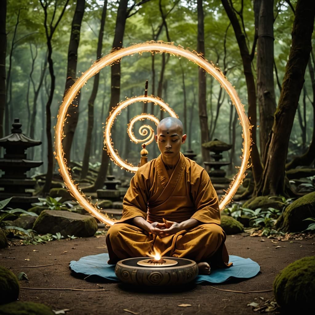 Avatar_Aang_airbender ;; Young shaolin monk ;; relaxed medit...