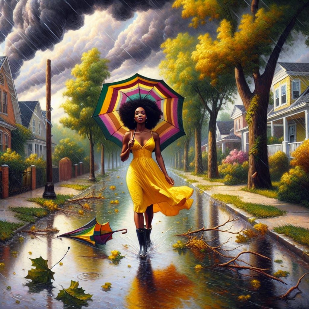 Woman in Yellow Dress Walks Stormy Street, Impressionism