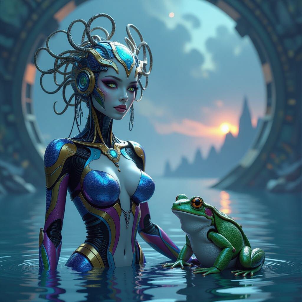 a full body shot of a woman and a frog with a surreal biomec...