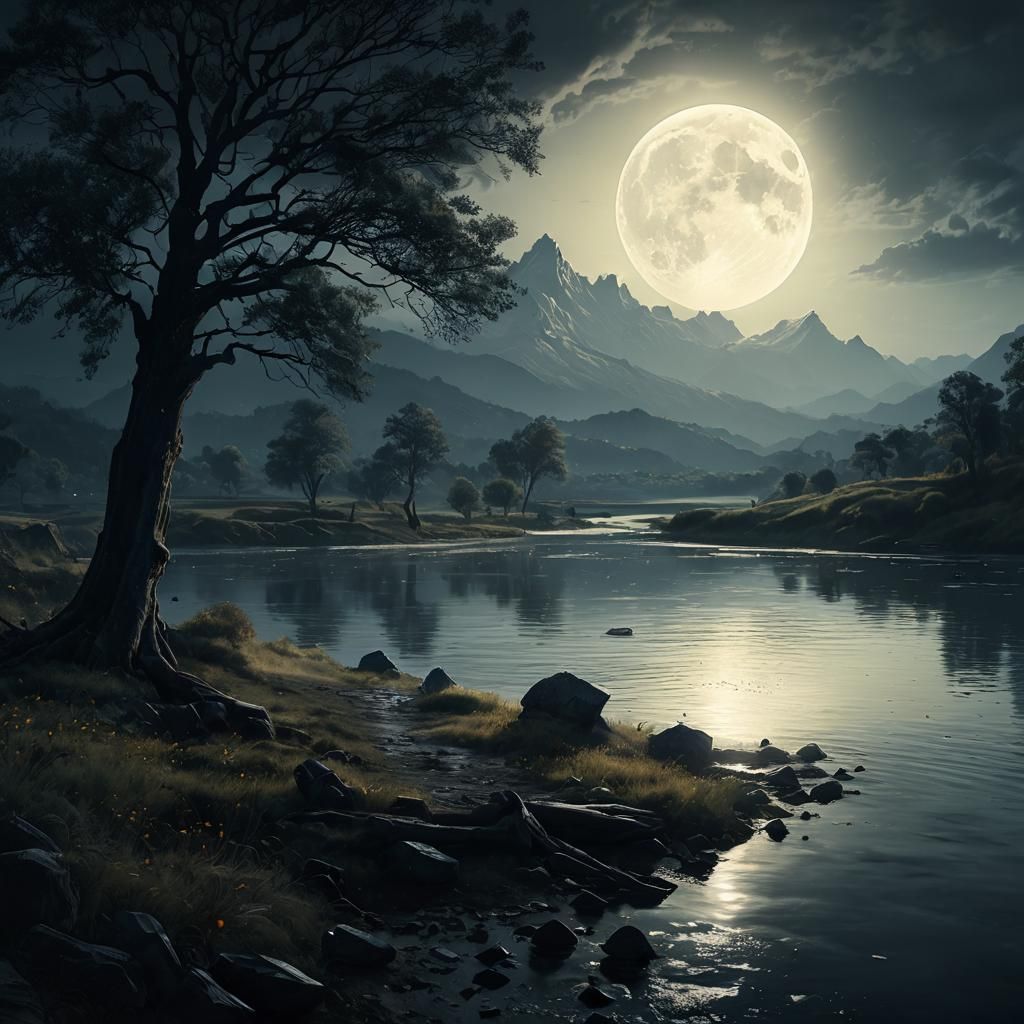 Epic Moonlight Landscape with River and Mountains