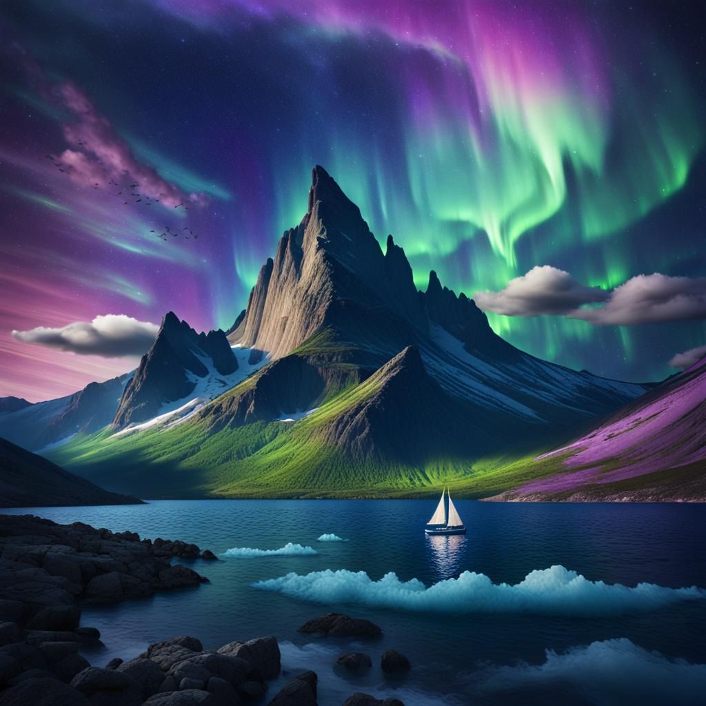 Sailboat on Mountain Peak Under Aurora Borealis