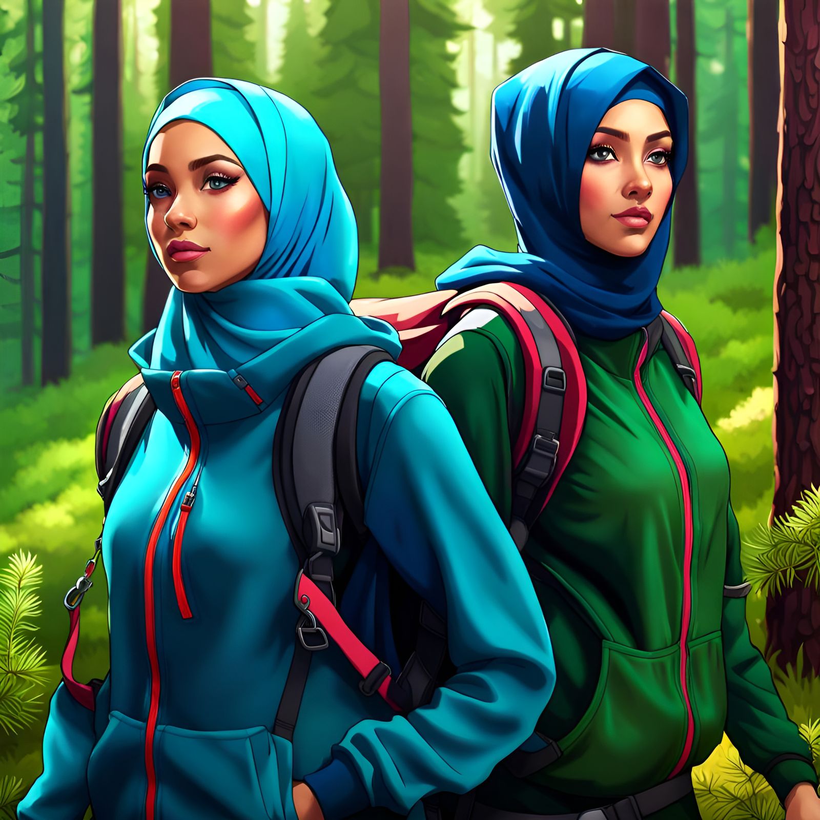 Hijabi Women Hiking in Boreal Forest