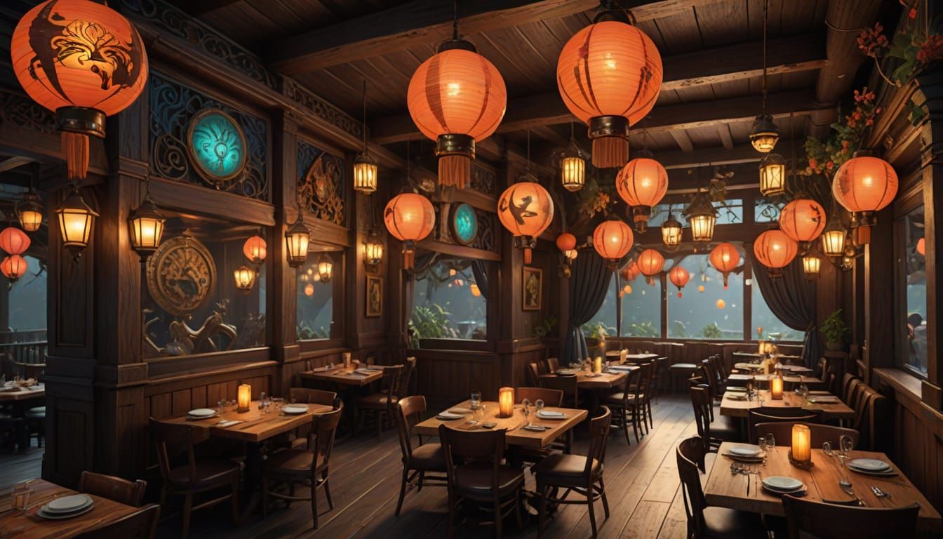 Fantasy Restaurant with Rustic Decor and Lanterns