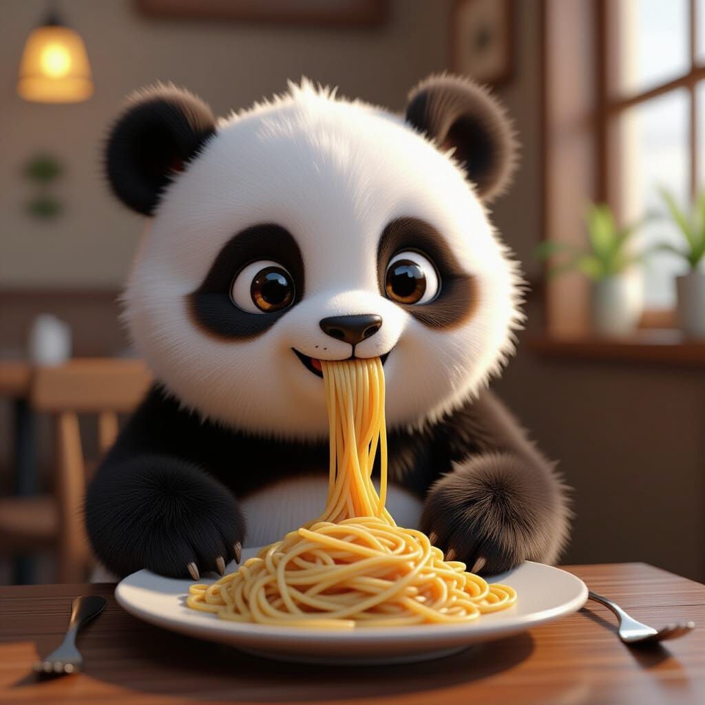 Cute Panda Eating Spaghetti in Anime Style