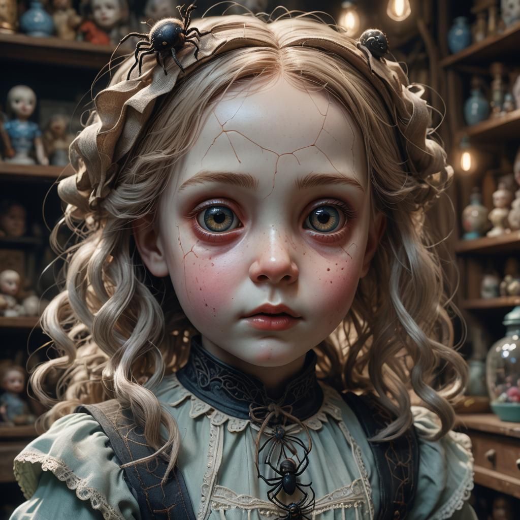 Eerie Porcelain Doll in Spooky Toy Shop