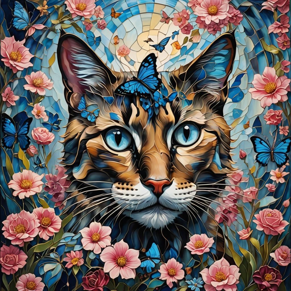 Surrealist Stained-Glass Cat Head with Flowers