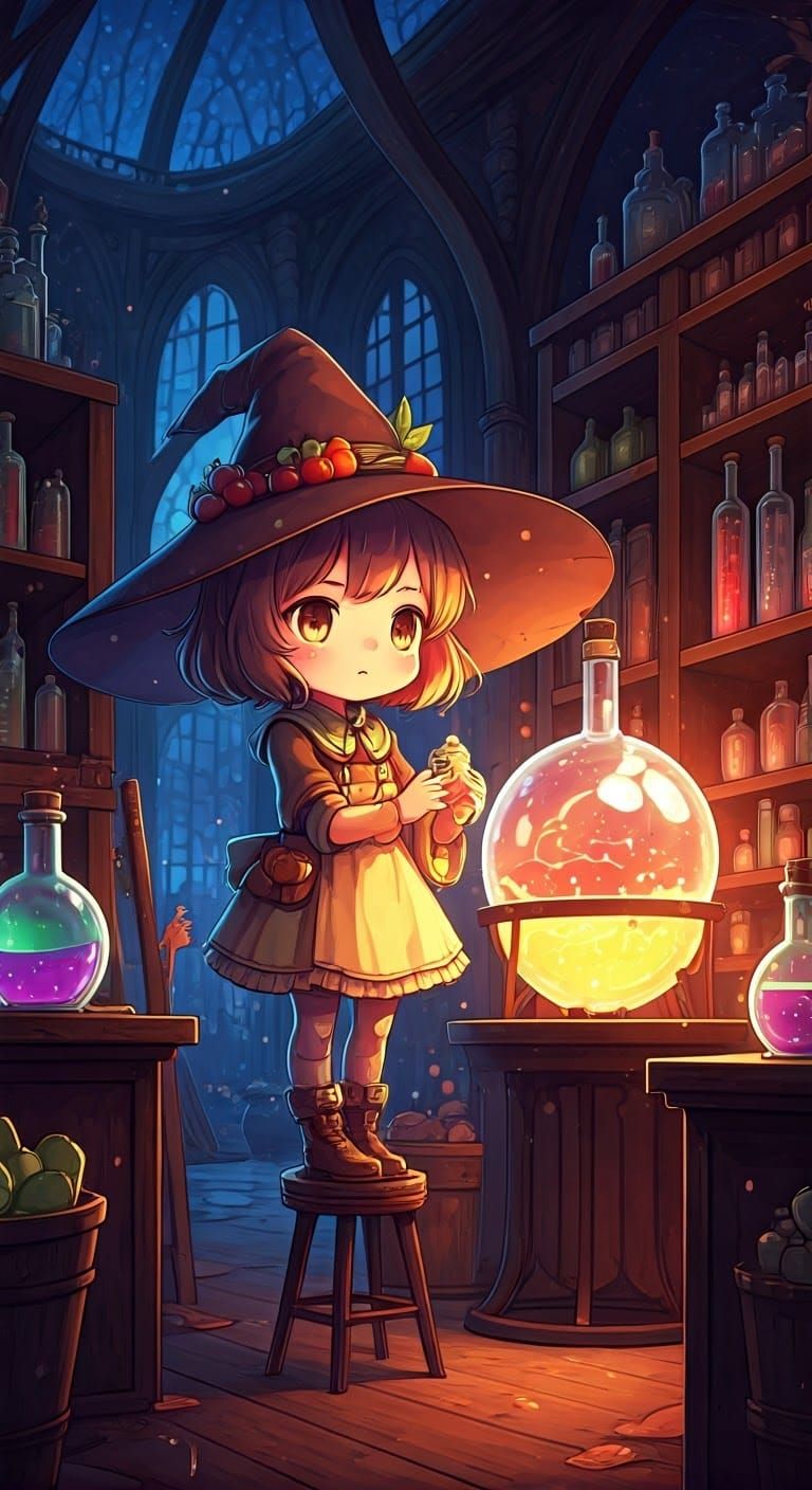 Chibi Alchemist in a Whimsical Alchemy Shop