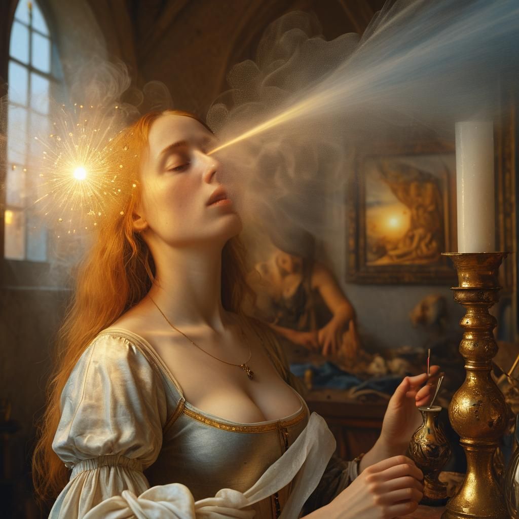 Woman in Dreamlike Scene Inspired by Dürer and Vermeer