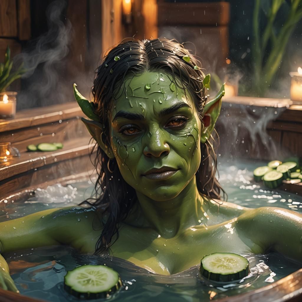 Female Orc Relaxing in Hot Tub, Digital Painting