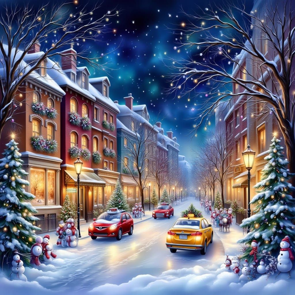 Whimsical Winter City Street Holiday Illustration