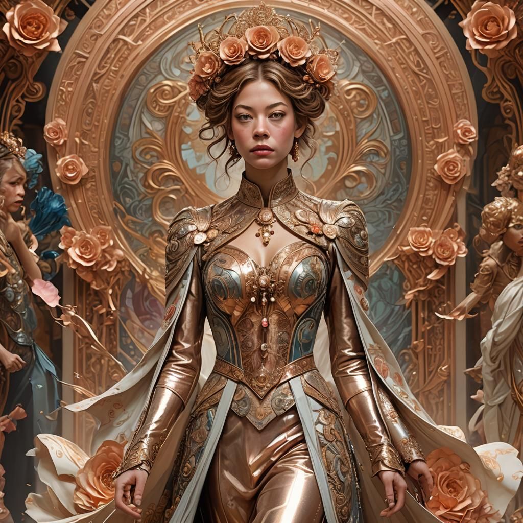 Imperial Empress on Rose-Gold Runway: Art Nouveau Digital Ar...