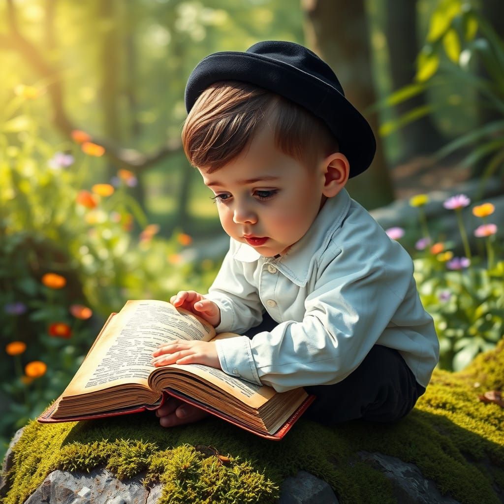 Young Hasidic Boy Studies Torah in Forest