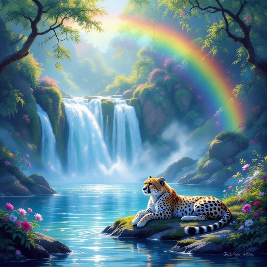 Enchanted Waterfall with Constellation Cheetah and Glowing F...