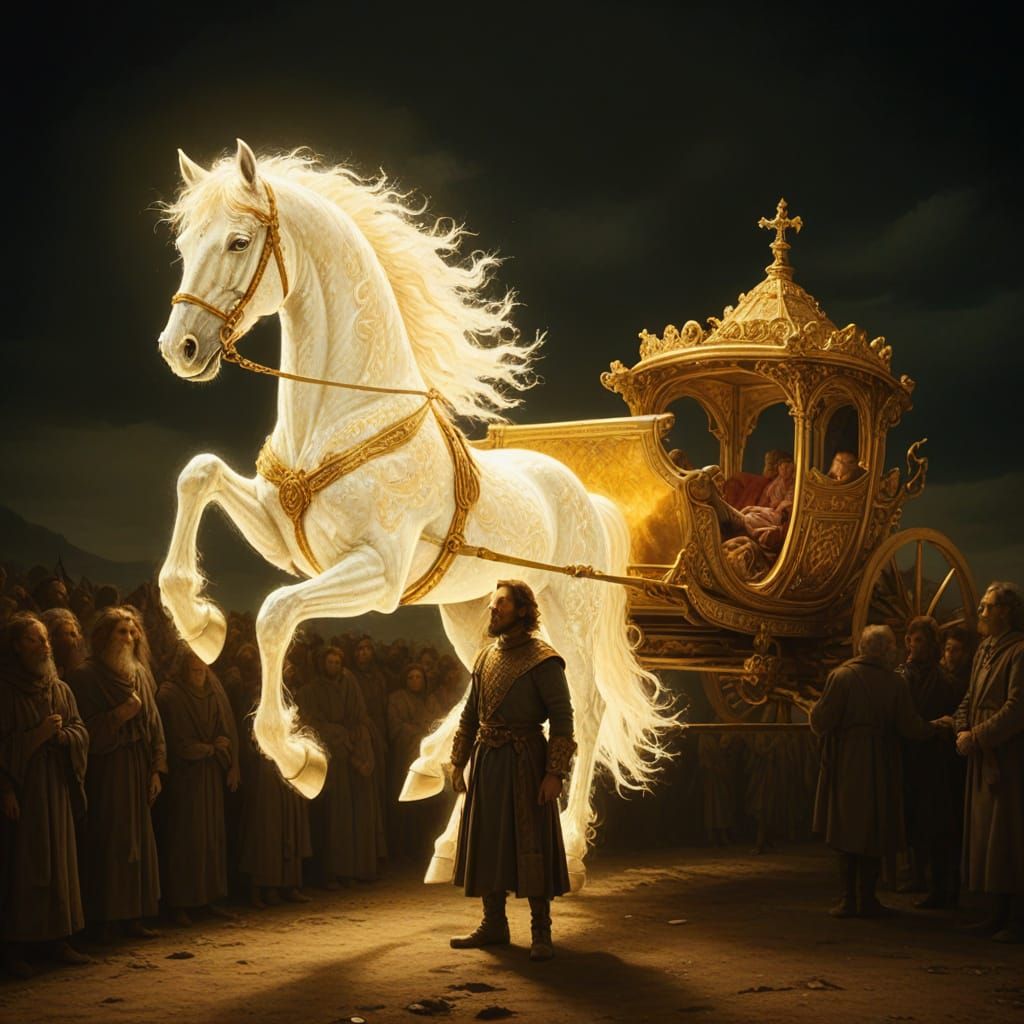 enoch stands before a bright made of light shaped horse harn...