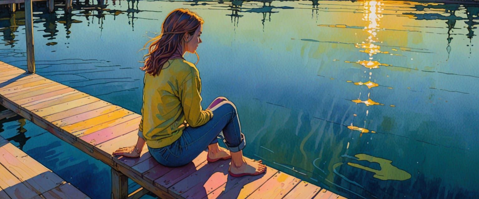 Girl on Pier in Late Afternoon Sun, Comic Watercolor Style