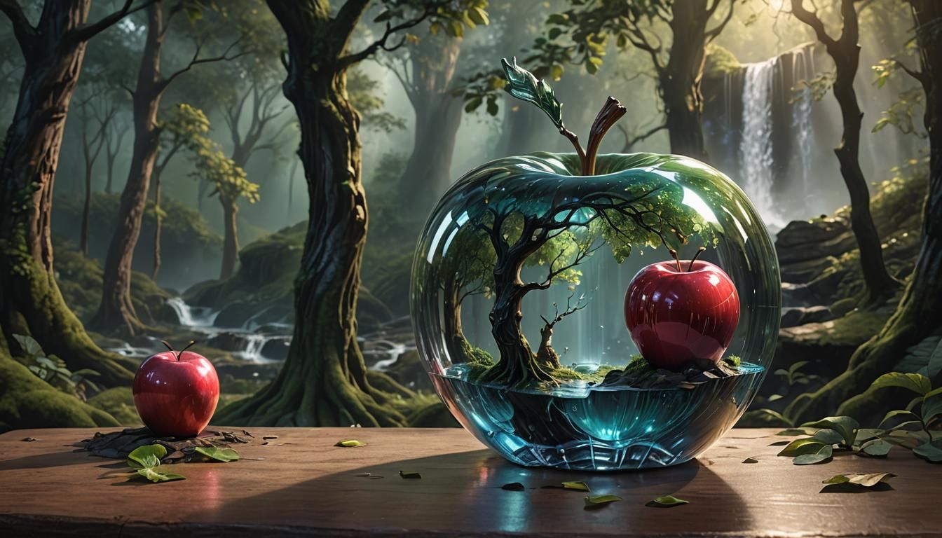 Enchanted Forest Inside Glass Apple: Hyperrealistic Splash A...
