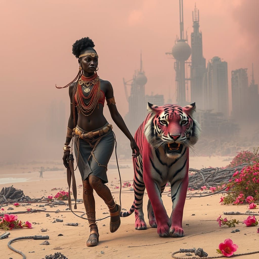 Cybernetic Goddess Amidst Post-Apocalyptic Ruins