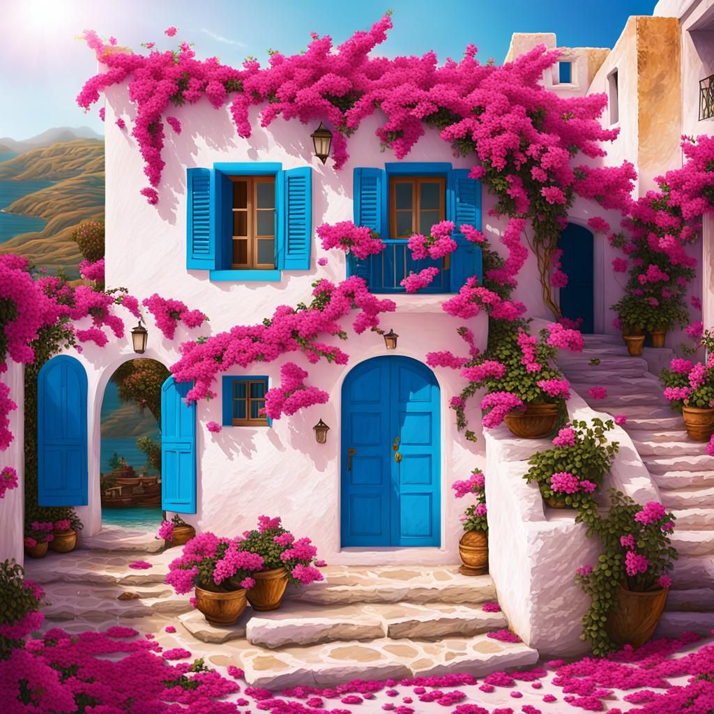 A picturesque scene of a Mediterranean coastal village. The focus is on a charming whitewashed house with a pale pink do...
