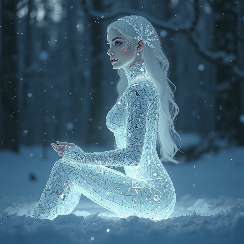 Ethereal Diamond Goddess in Snowy Forest Under Starry Sky