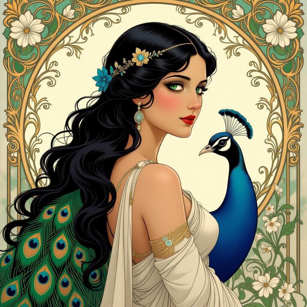 Art Nouveau Aphrodite with Peacock in Painterly Style