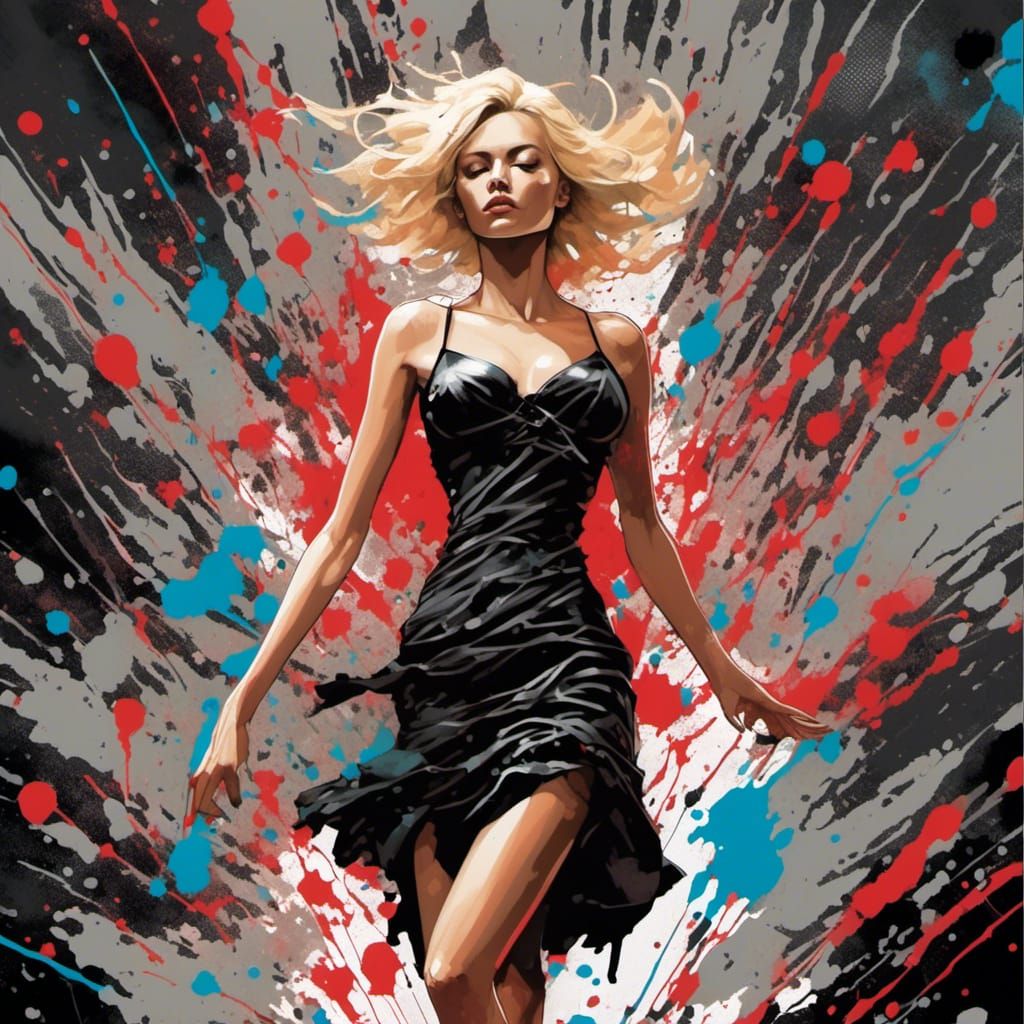 Blonde Woman in Museum, Splatter Graffiti Style