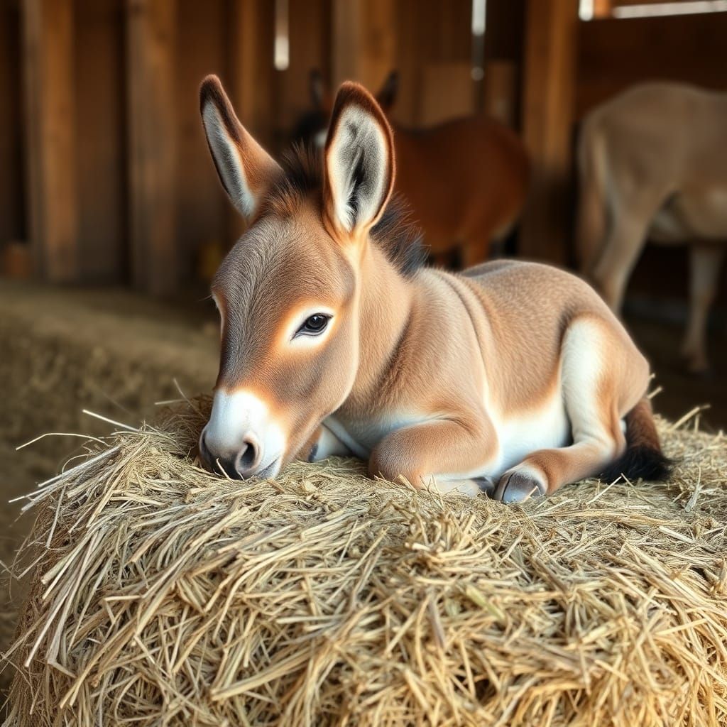 Baby Donkey Rests on Hay Bale in Barn