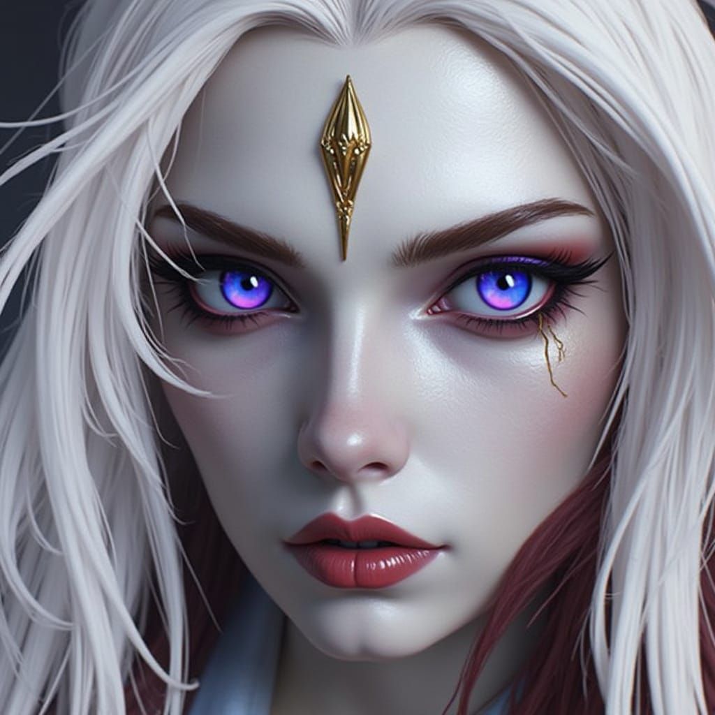 Surreal Dark Fantasy Art of a White Devil with Dark Red Hair