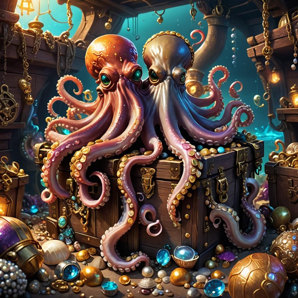 Pirate Octopus Guarding Sunken Treasure, Fantasy Art