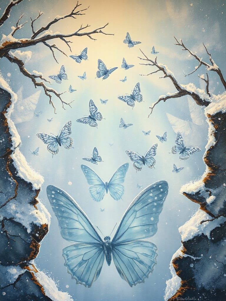 Frost Butterflies Emerge from Surreal Winter Mural