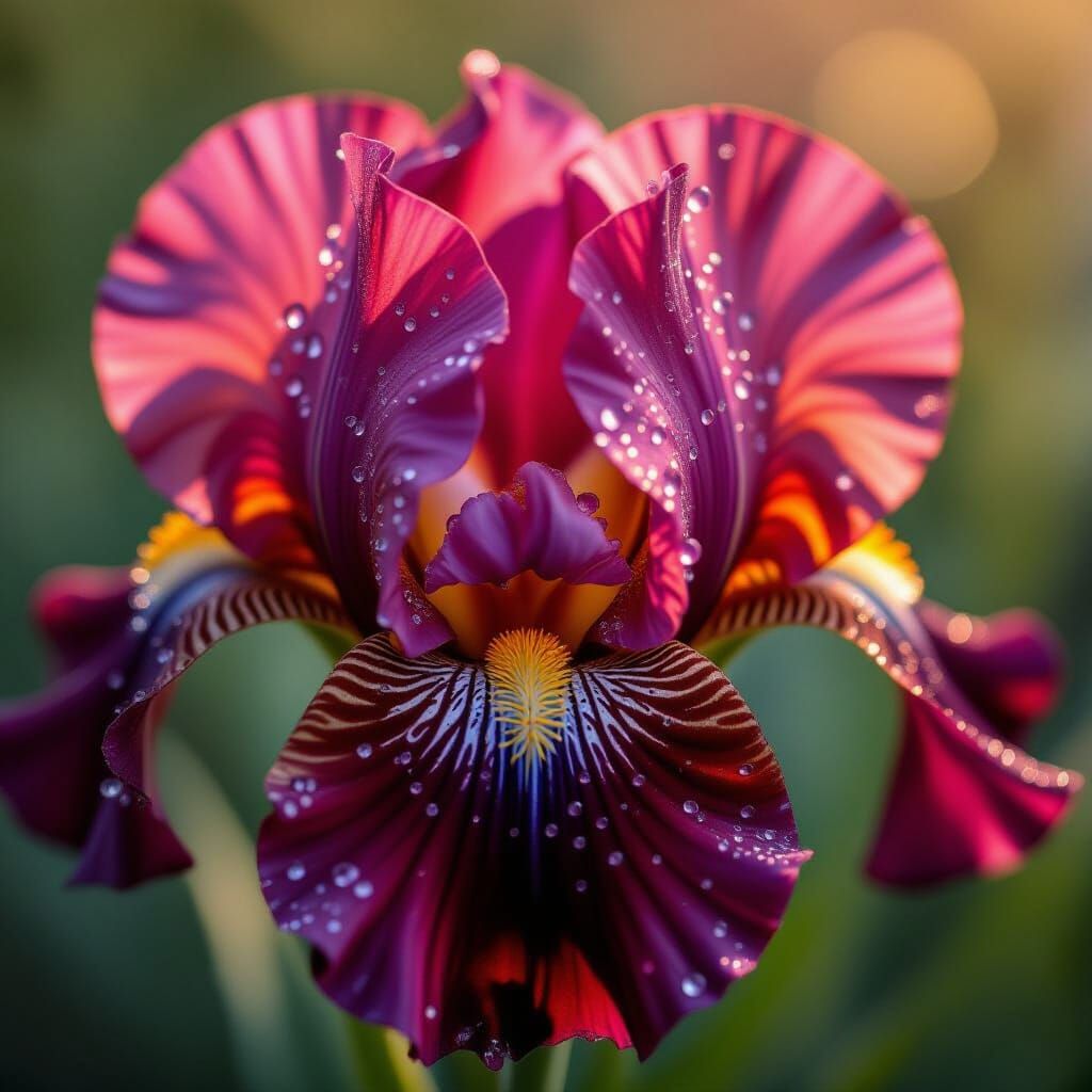 Majestic Red Iris Macro: Dew Drops & Golden Beard