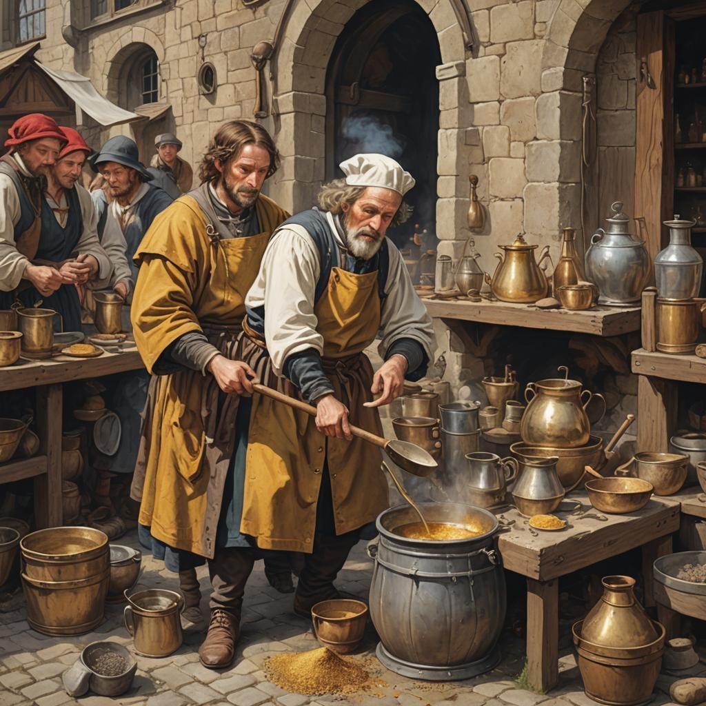 Medieval Alchemist Cooks Gold for Spectators