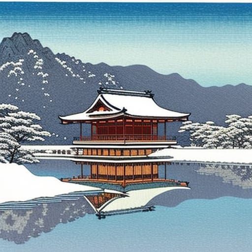 Serene Snow Temple Landscape in Woodblock Style